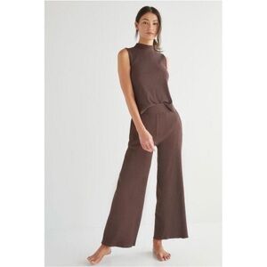 Daily Practice Anthropologie L Wide Leg Pants Lounge Pull On Ribbed Knit Brown